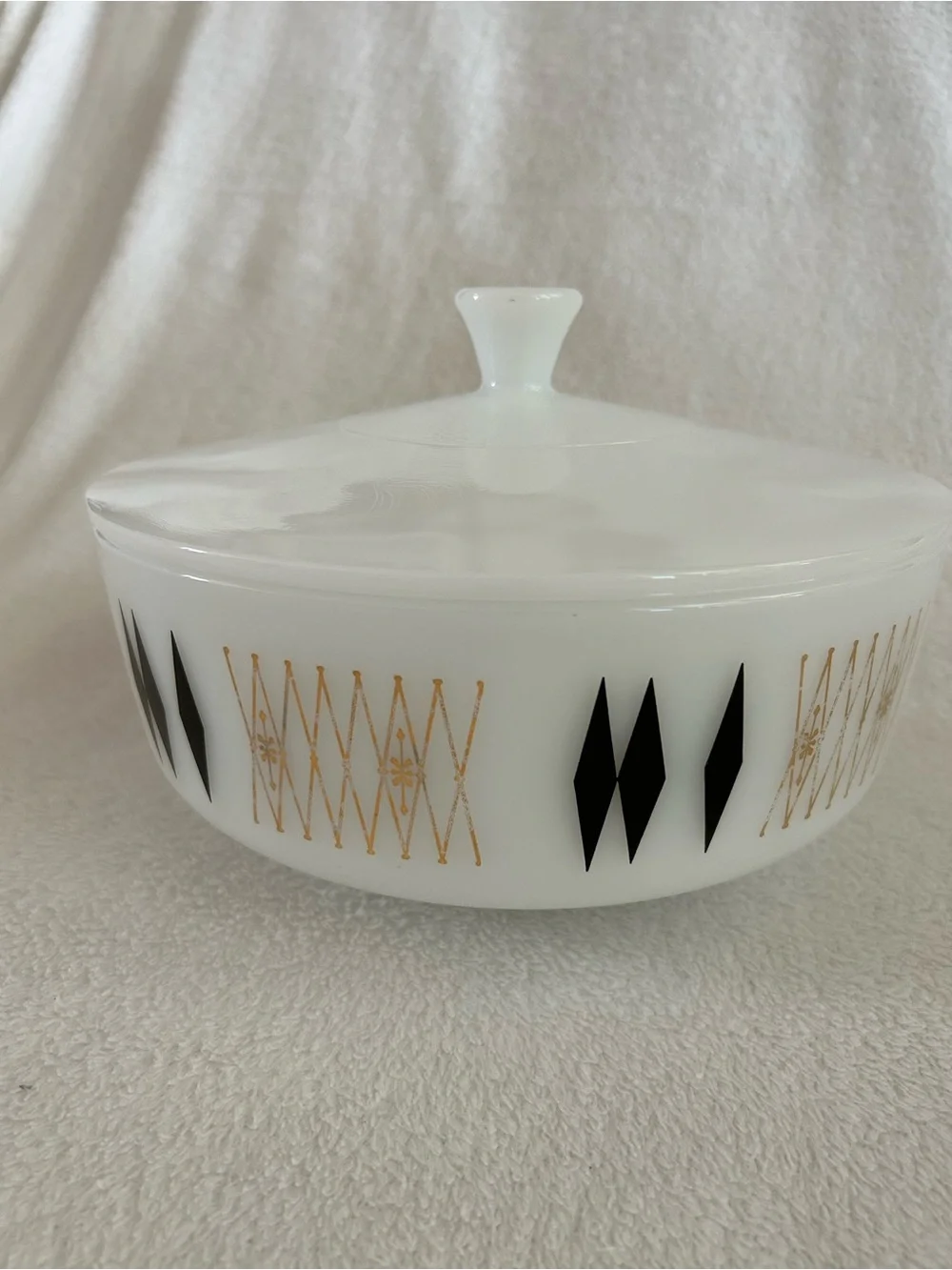 VTG Federal Glass 3.5 QT Casserole Dish & Lid Black Diamond Pattern MCM Retro